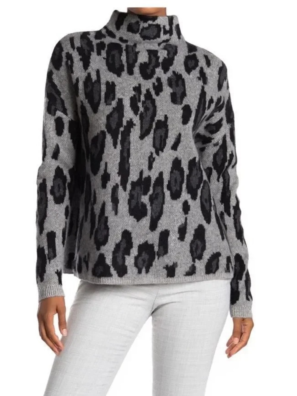 Cashmere mock neck sweater, animal print, gray and black. Size L.